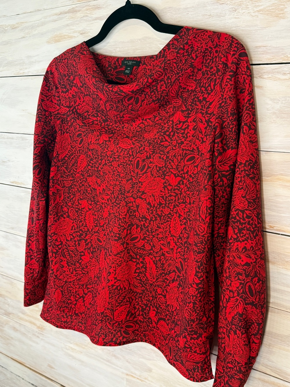 Ann Taylor Petite Women's Blouse PXS Red Floral Paisley Cowl Neck Long Sleeve